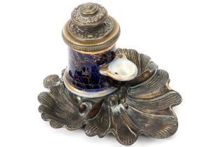 antique French inkstand (with pump system) with its inkwell in porcelain and with a bronze dish