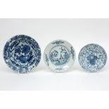 three pieces of antique Chinese porcelain with a blue-white decor : an 18th Cent. plate and a 17th