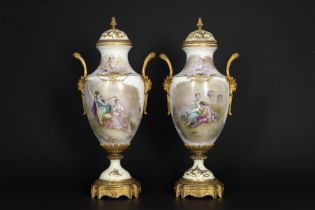 pair of antique Sèvres marked porcelain vase with paintings, signed Grisard, and with mountings in