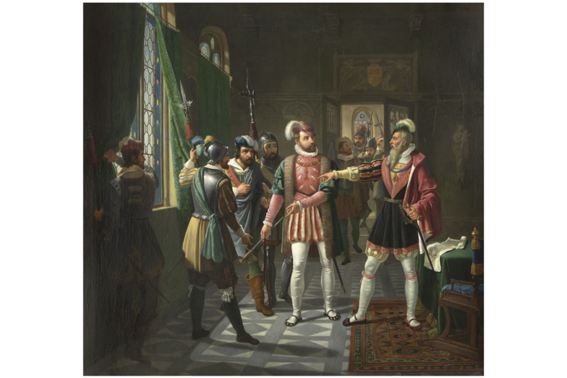 important early 19th Cent. Belgian oil on canvas with a Historismus theme "The Arrest of Count