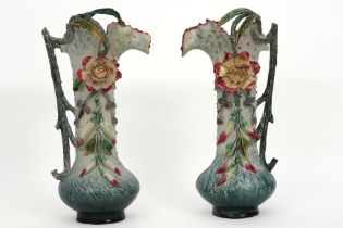 pair of 19th Cent. French ceramic "Barbotine" vases || Paar negentiende eeuwse Franse "