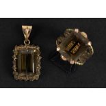 seventies' vintage ring and pendant in yellow gold (14 carat) with smokey quartz || Lot van een