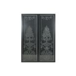 pair of antique glass panels with etched neoclassical decors - framed together || Paar antieke