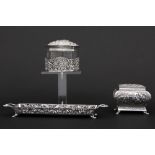 three pieces of antique marked silver : a dish for pens and two boxes (one partially in