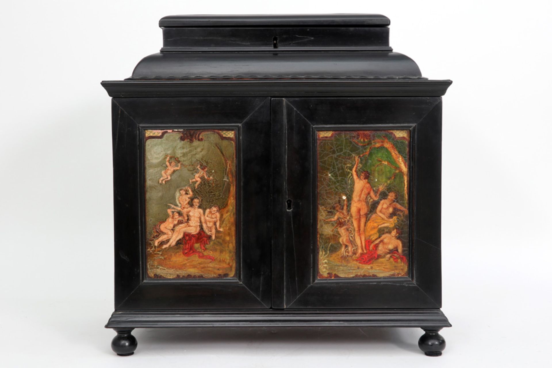 presumably 17th Cent. Antwerp baroque table cabinet in ebony with folding top, which conceals a - Bild 6 aus 6