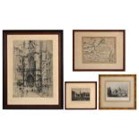 three antique prints and a signed etching || Lot van drie antieke prints en een ets getekend