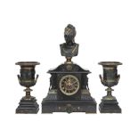 antique neoclassical French garniture in black marble and bronze with a pair of urns and a clock (