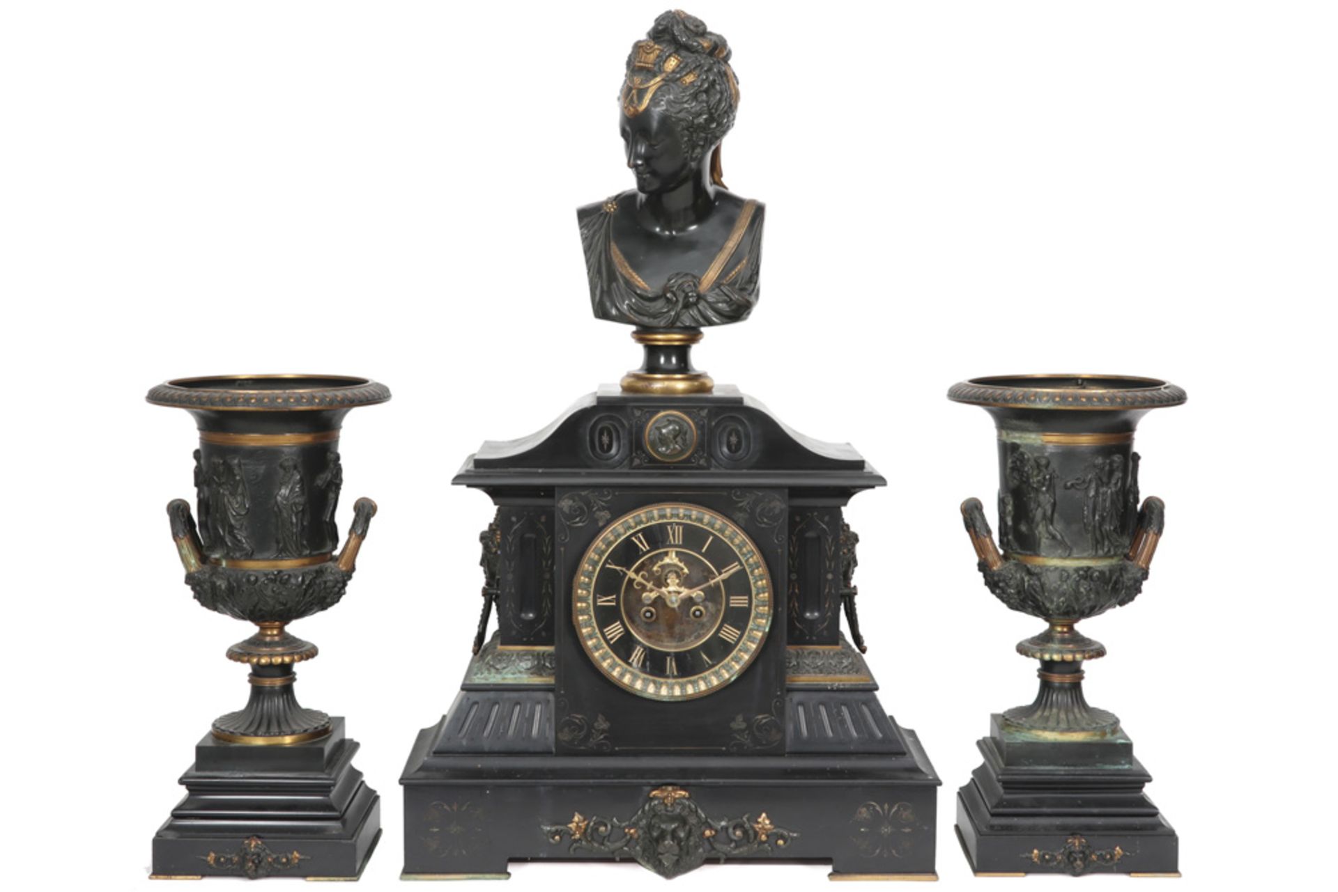 antique neoclassical French garniture in black marble and bronze with a pair of urns and a clock (