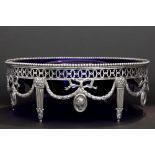 Dutch antique round neoclassical centerpiece with a blue crystal bowl and a silver stand with