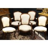 6pc salon suite with three armchairs, two chairs and an occasional table with glass top ||