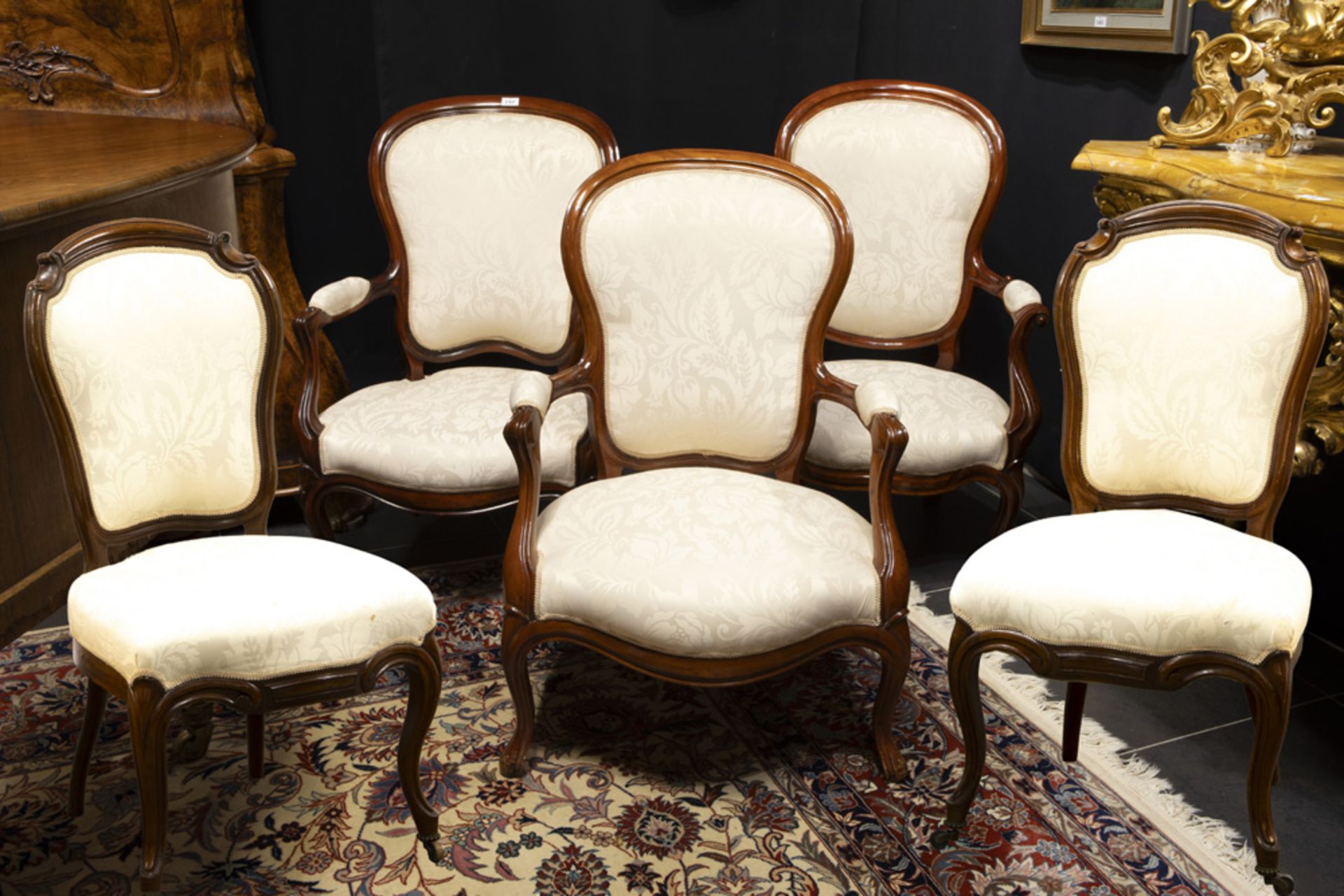 6pc salon suite with three armchairs, two chairs and an occasional table with glass top ||