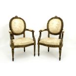 pair of 'antique' Louis XVI style armchairs in polychromed wood || Paar 'antieke' fauteuils in