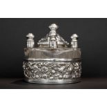 antique French perfume set with four flasks and a powder bowl - in crystal and marked silver ||