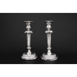 pair of antique, probably English, neoclassical candlesticks in silver with illegibly marks ||