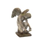 bronze garden sculpture depicting a winged youth with dragonfly || Tuinsculptuur in brons met een