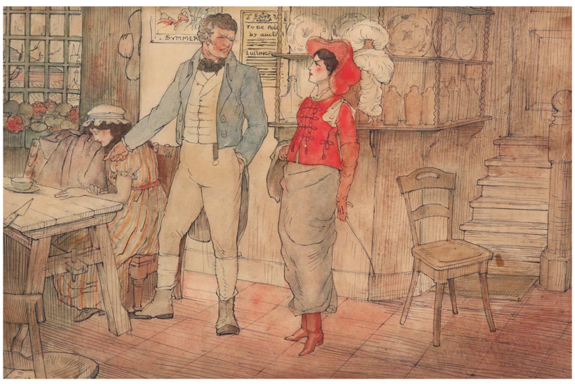20th Cent. Belgian mixed media with an English pub scene with 'To be sold in auction' poster -