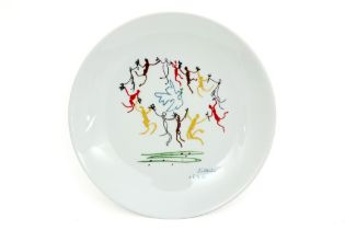 Limoges marked porcelain plate with a polychrome depiction of a Peace Dance signed Picasso and dated