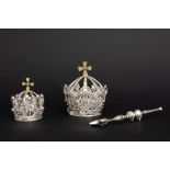 antique set of sceptre and crown for the Holy Mary and a crown for Jesus in silver and yellow