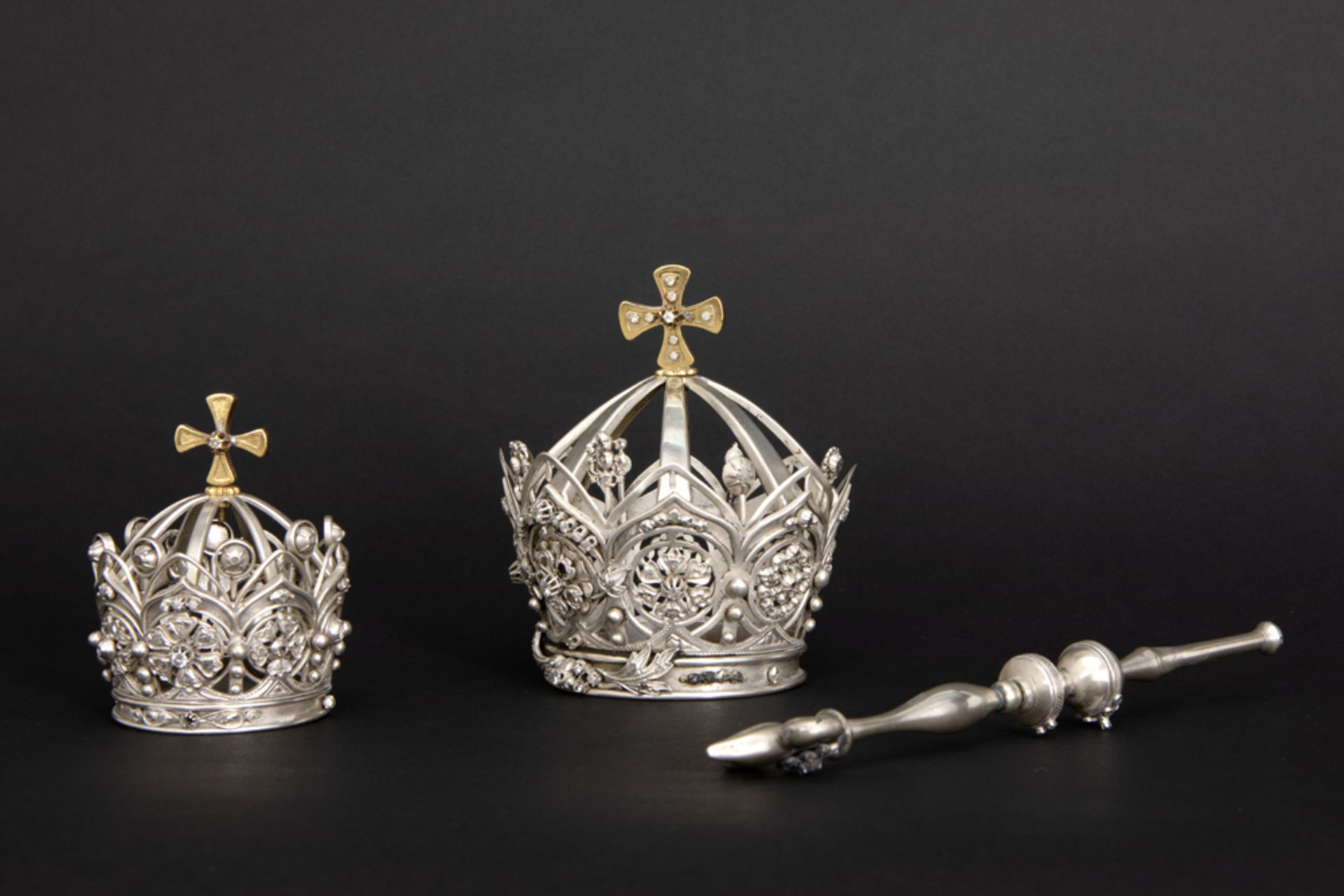 antique set of sceptre and crown for the Holy Mary and a crown for Jesus in silver and yellow