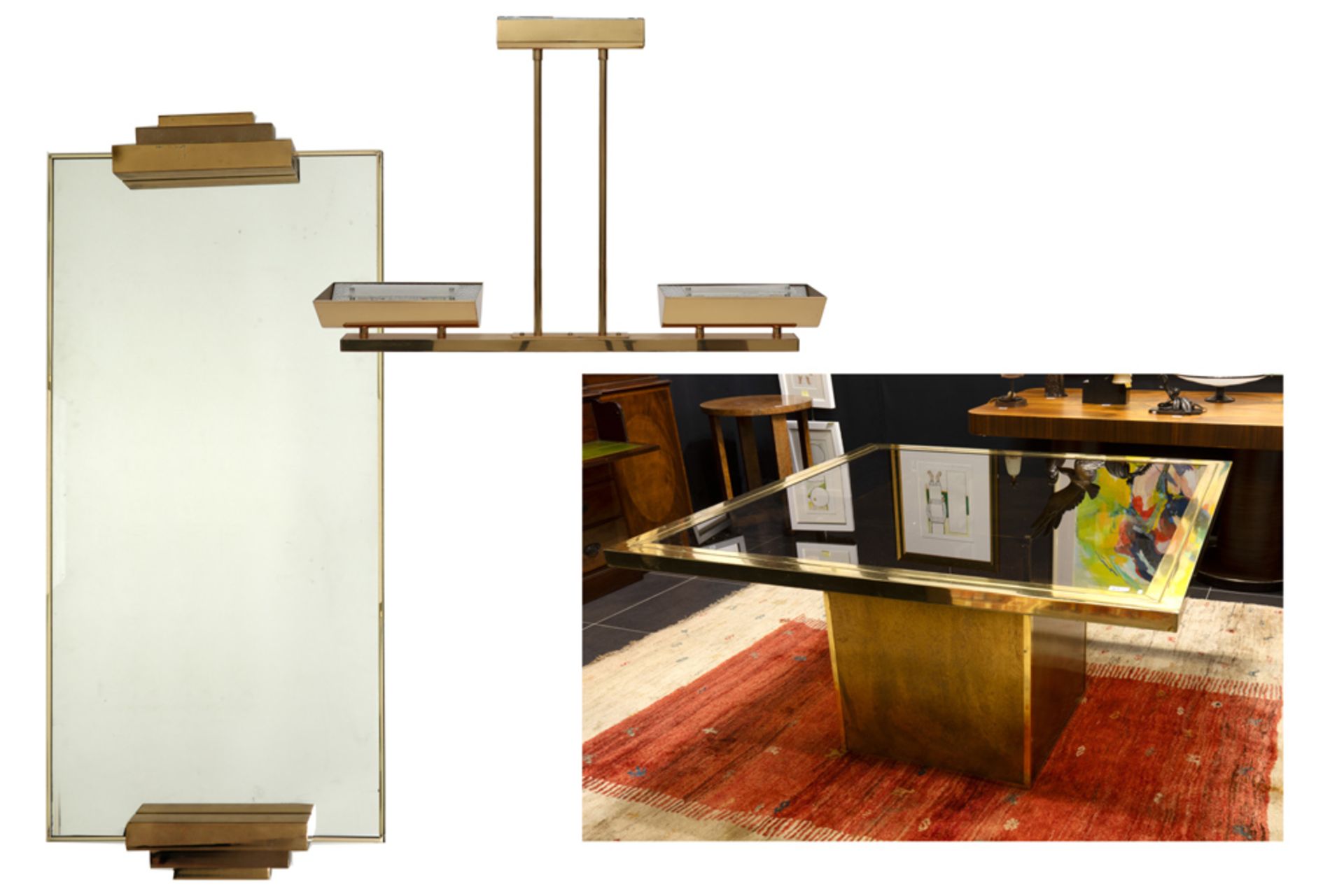 seventies' Belgian Belgochroom design set with a dinner table, a mirror and an up-lighter ||