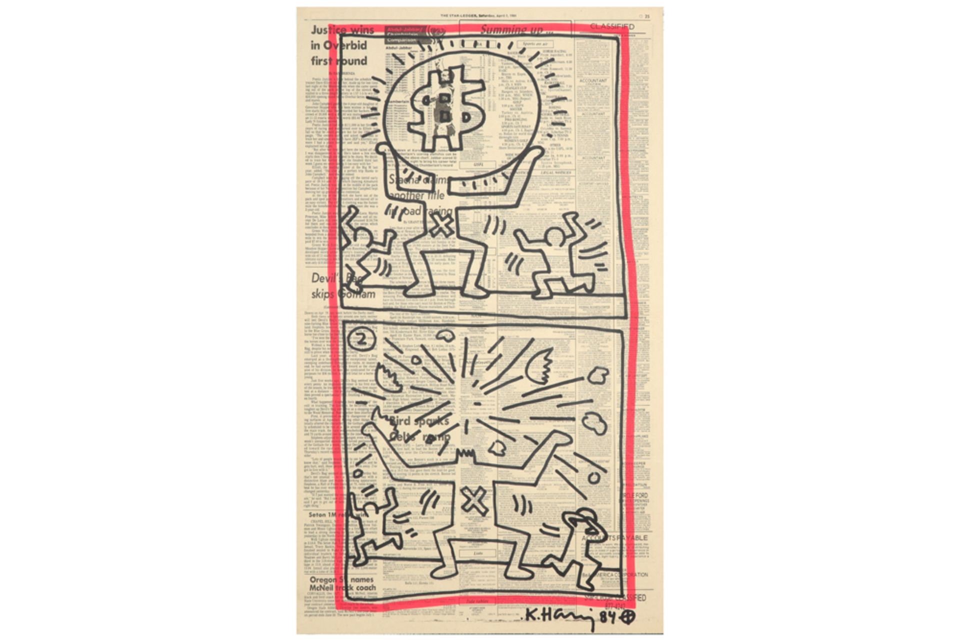 large Keith Haring signed and (19)84 dated drawing on a page of "The Star Ledger" from New Jersey dd