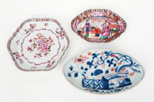 three 18th Cent. Chinese patti in porcelain, one with Imari, one with Mandarin and one with 'Famille