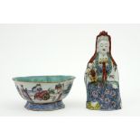 antique Chinese Quan Yin sculpture and an antique Chinese bowl in porcelain with a polychrome