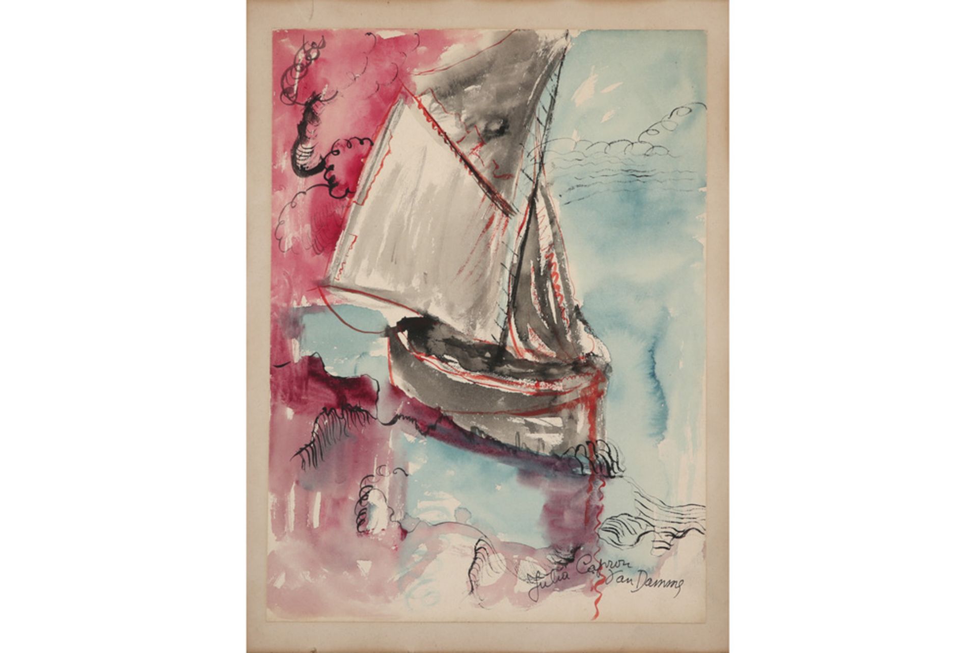 20th Cent. Belgian aquarelle - signed Julia Capron-Van Damme and dated 1965 - with a dedication on