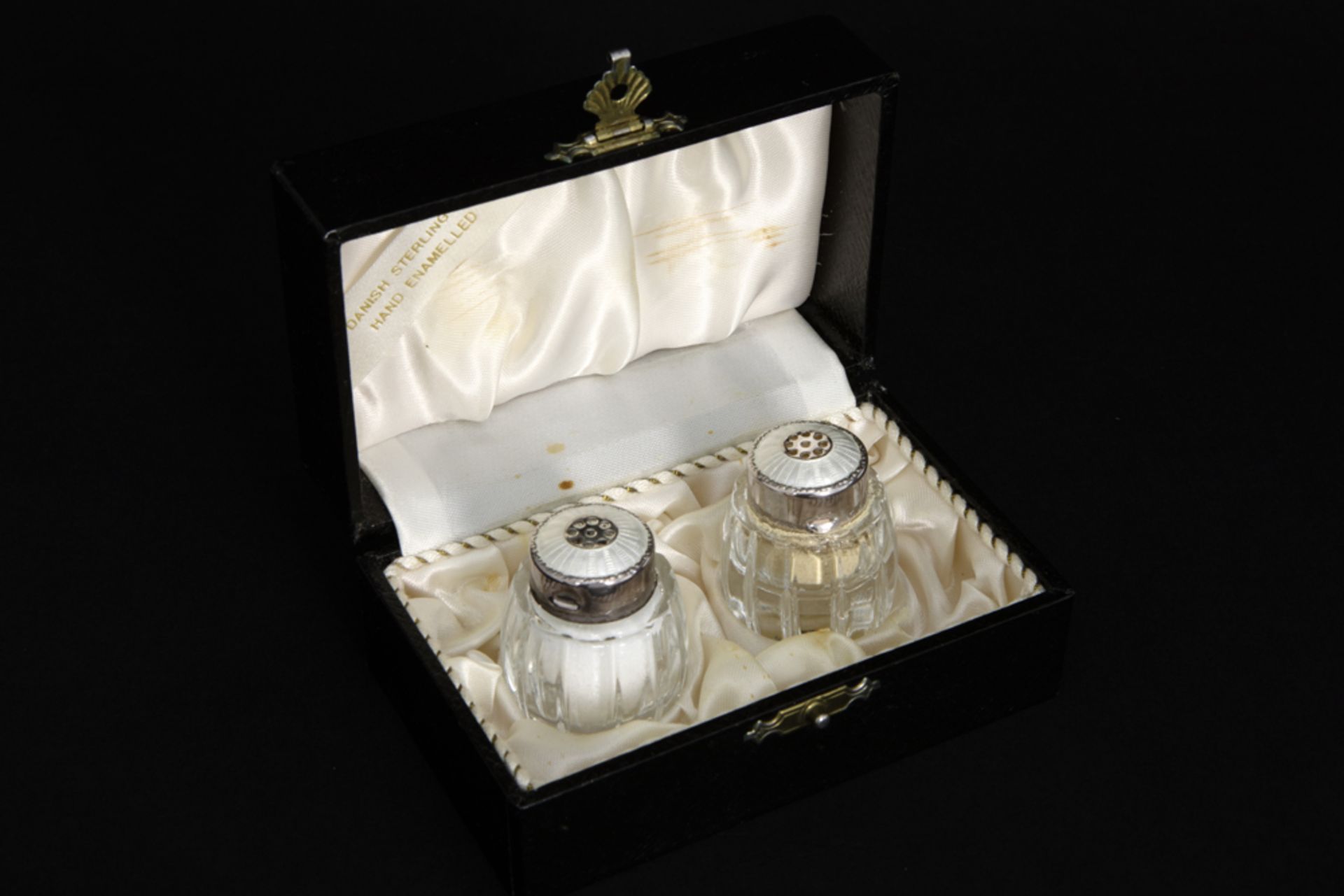 Danish pepper and salt in glass, enamel and marked "Meka" silver - with its original box || Deens