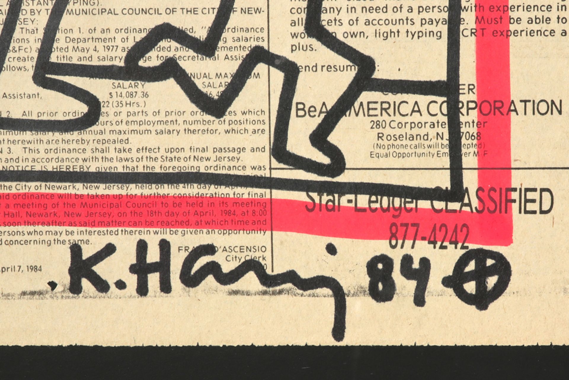 large Keith Haring signed and (19)84 dated drawing on a page of "The Star Ledger" from New Jersey dd - Image 2 of 3