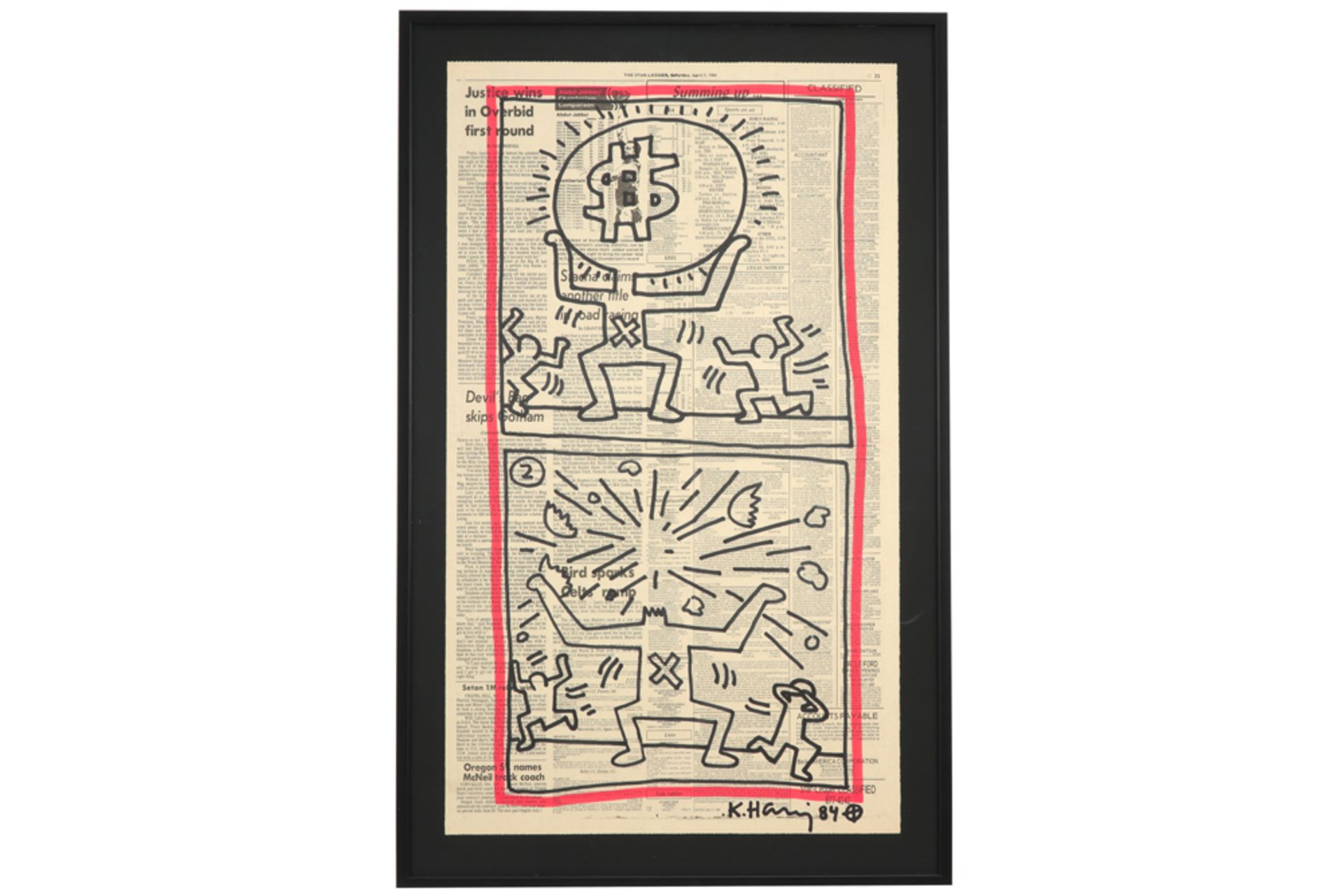 large Keith Haring signed and (19)84 dated drawing on a page of "The Star Ledger" from New Jersey dd - Image 3 of 3