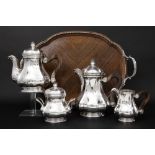 Belgian Delheid signed 4pc coffee and teaset in marked silver with its tray in rose-wood and