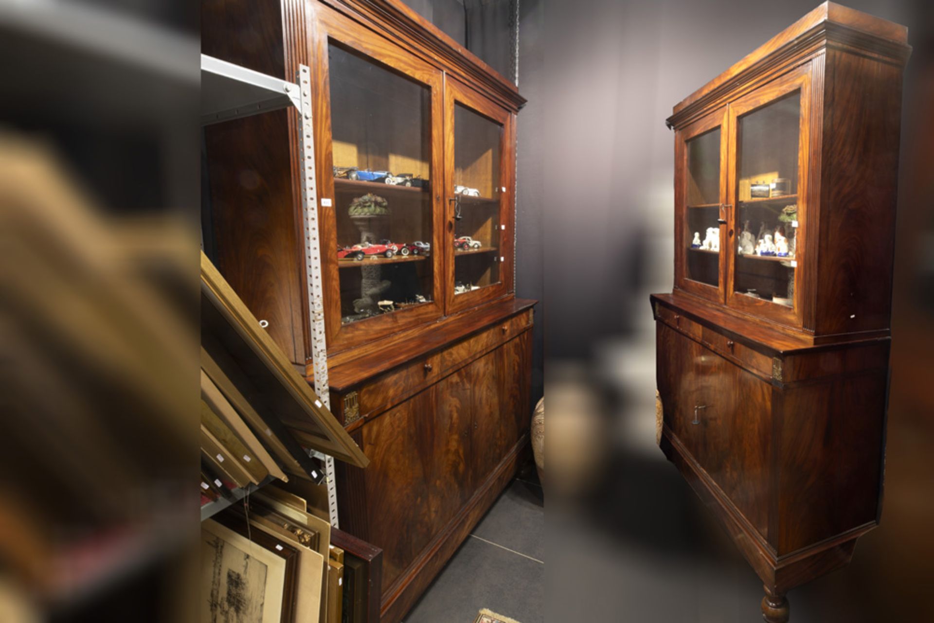 pair of antique neoclassical display cabinets in mahogany with Empire style ornaments in gilded