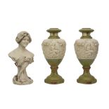 three pieces of marked Royal Dux : a pair of vases & an Art Nouveau bust with 'SH' monogram ||