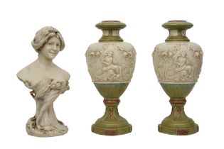 three pieces of marked Royal Dux : a pair of vases & an Art Nouveau bust with 'SH' monogram ||