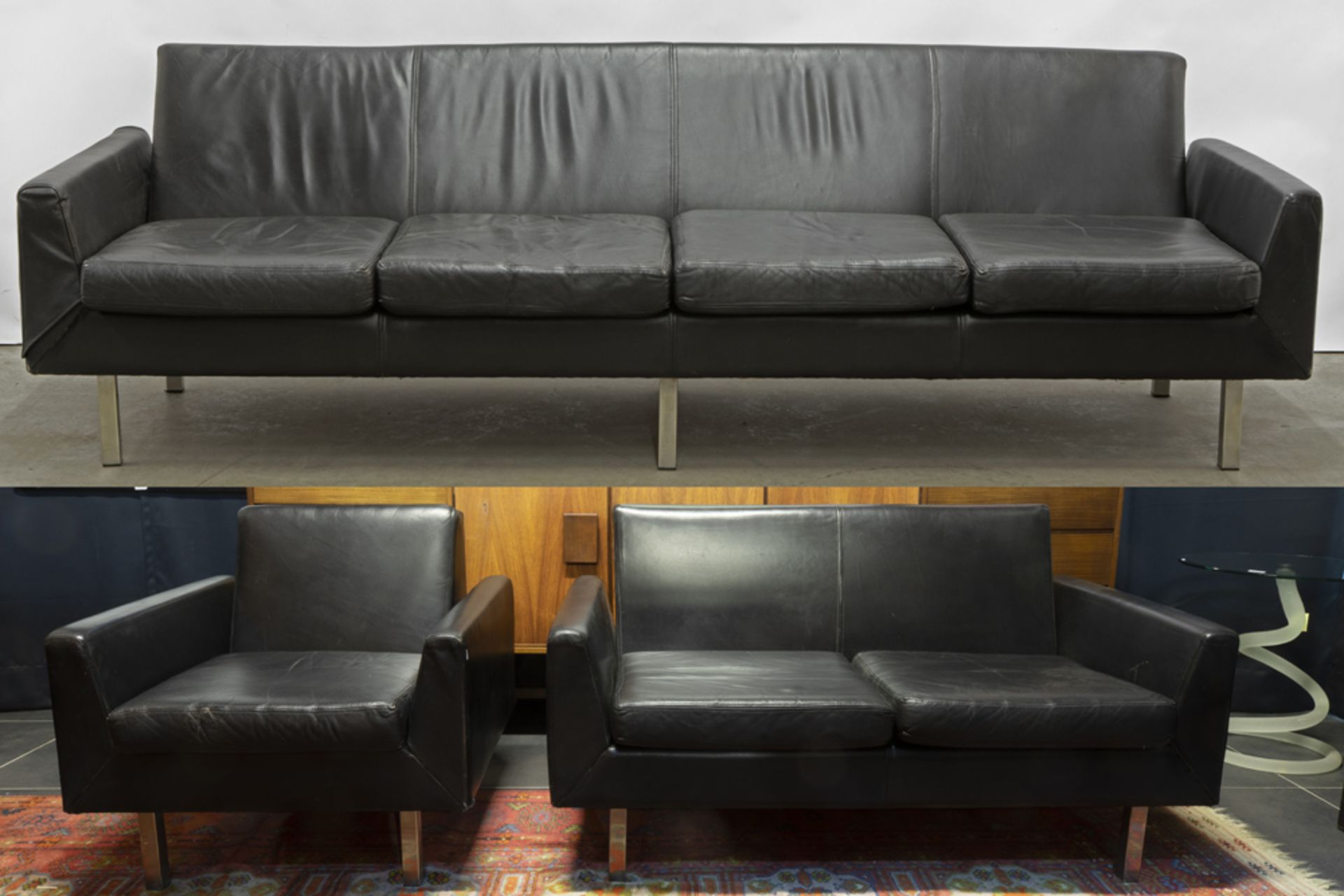 sixties' 3pc design black leather and chromed metal salon suite || Sixties' design salonensemble