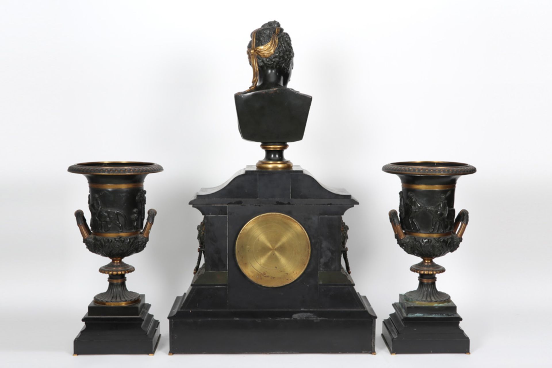 antique neoclassical French garniture in black marble and bronze with a pair of urns and a clock ( - Image 2 of 3