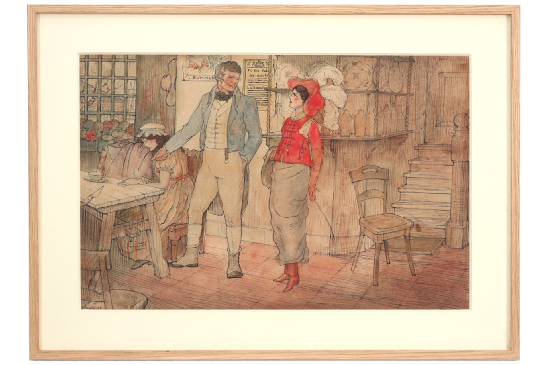 20th Cent. Belgian mixed media with an English pub scene with 'To be sold in auction' poster - - Bild 3 aus 3