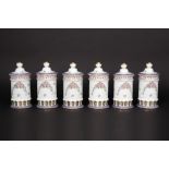 series of six old pharmaceutical jars in porcelain marked "Limoges - Paris Royal" || Serie van zes