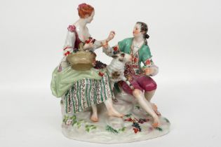 'antique' group in Meissen marked porcelain with two figures and a sheep || 'Antieke' bibelot in