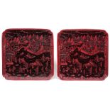 pair of nice marked Chinese trays in red lacquerware with a finely sculpted animated landscape decor