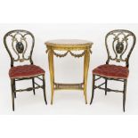 oval gilded neoclassical table with marble top and a pair of English Victorian chairs (with inlay of