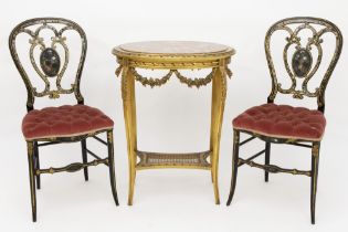 oval gilded neoclassical table with marble top and a pair of English Victorian chairs (with inlay of