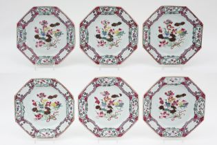 series of six 18th Cent. Chinese octogonal plates in porcelain with a 'Famille Rose' decor with