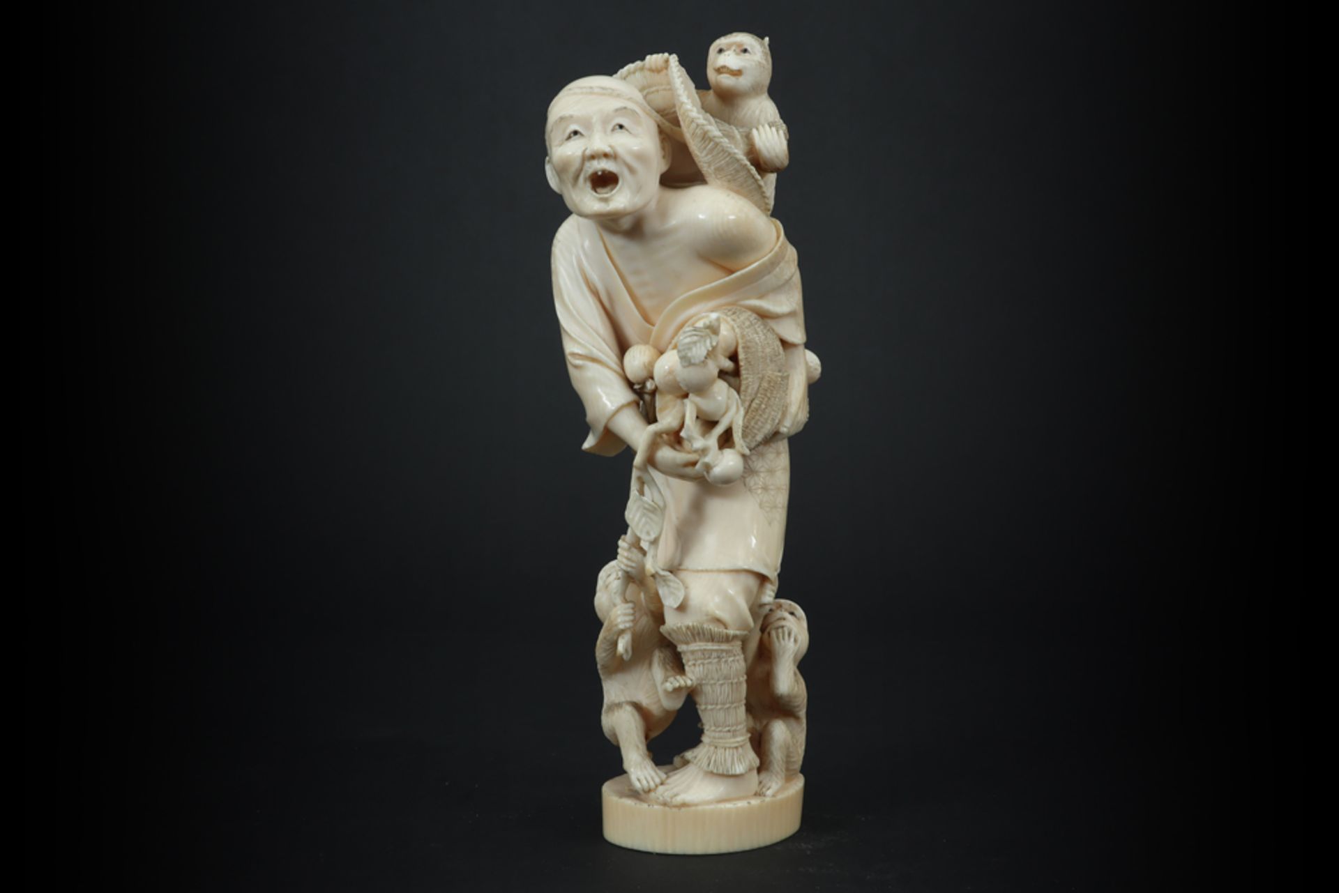 19th Cent. Japanese "Farmer with monkeys" sculpture in marked ivory - with EU CITES certification ||