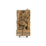 'antique' Indian wood sculpture with the representation of Ganesh with two disciples || 'Antieke'