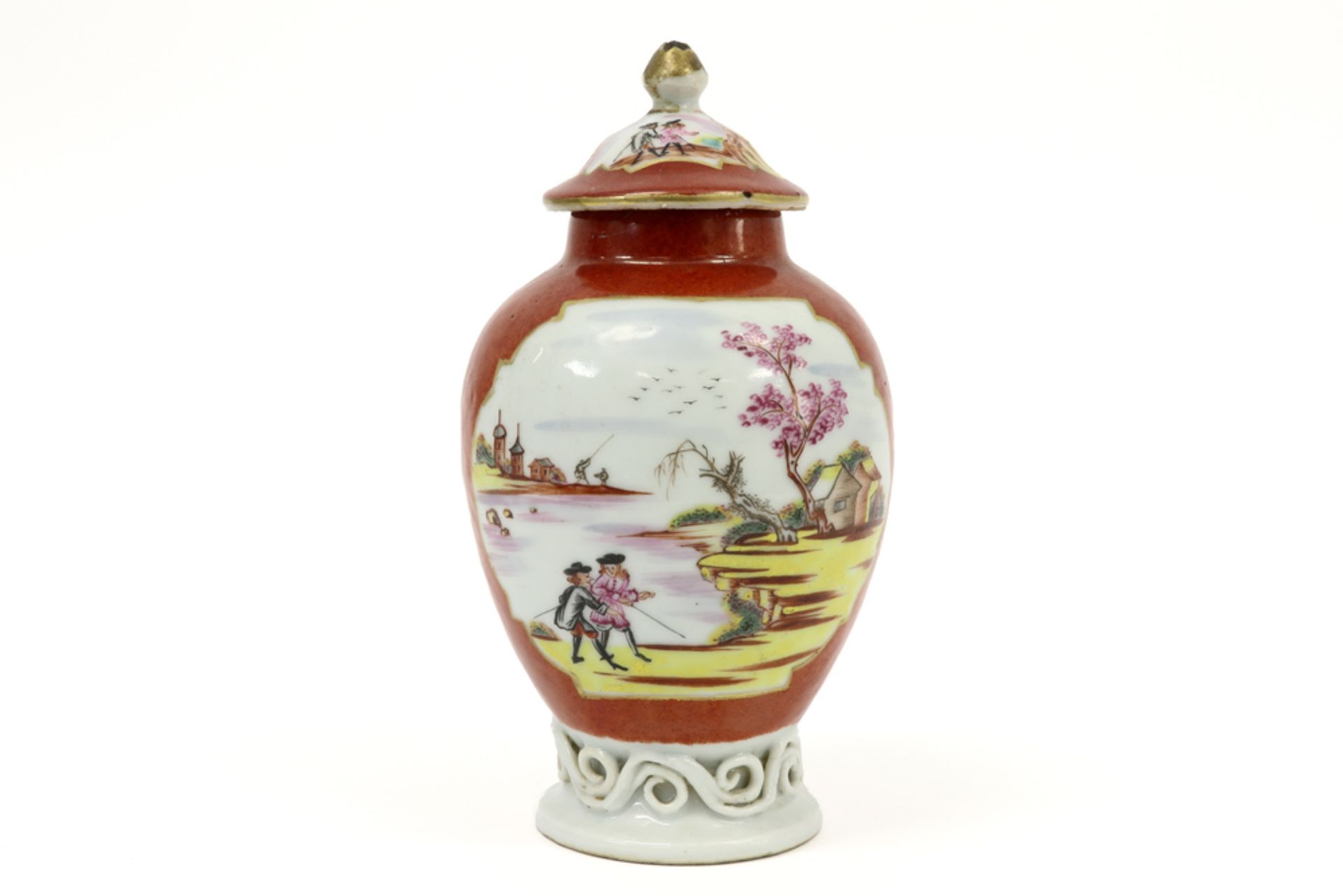 18th Cent. Chinese lidded teacaddy in porcelain with a polychrome European decor with figures in a