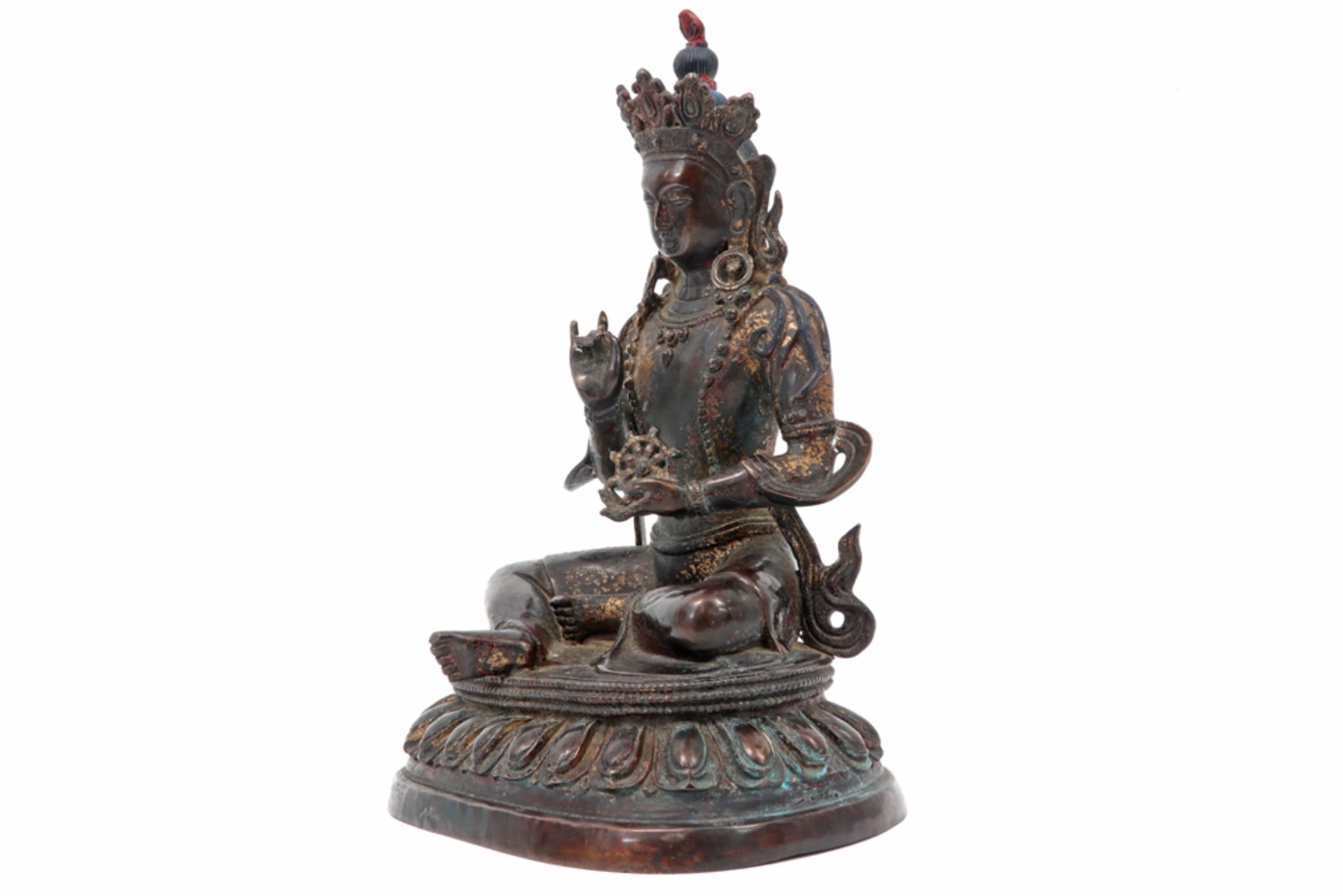 old Himalayan, presumably Nepalese, "Sitting Aalokitesvara with Ruyi wheel" sculpture in a copper - Image 3 of 5