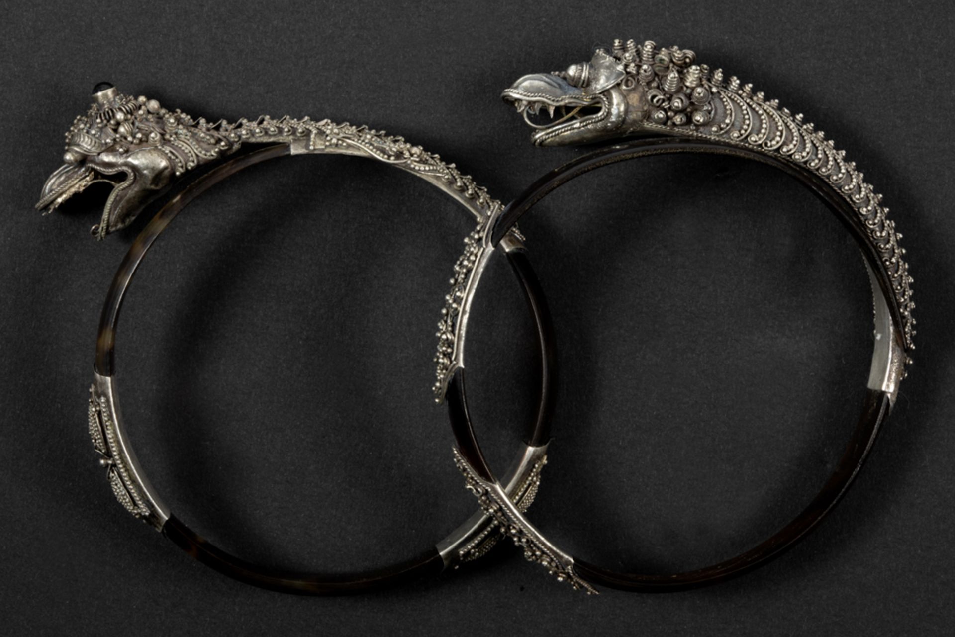 two Far East (presumably Chinese) bangles each with a silver filigrees mounting with dragon's - Image 3 of 3
