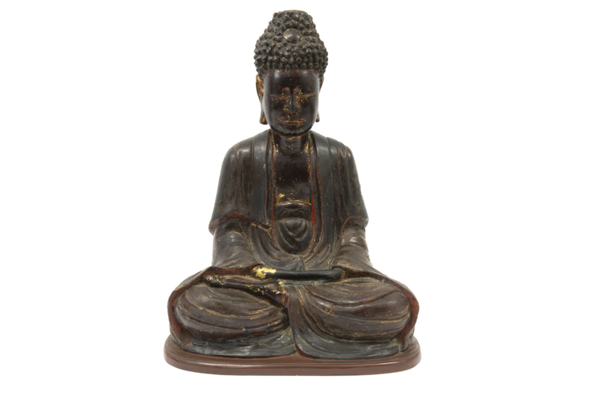 19th Cent. Vietnamese "Buddha" sculpture in lacquered teak wood with remains of gilding || VIETNAM -